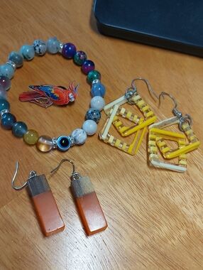 Mix Jewelry Lot Colorful Fun Parrot Pin Evil Eye Gemstone Bracelet Earrings